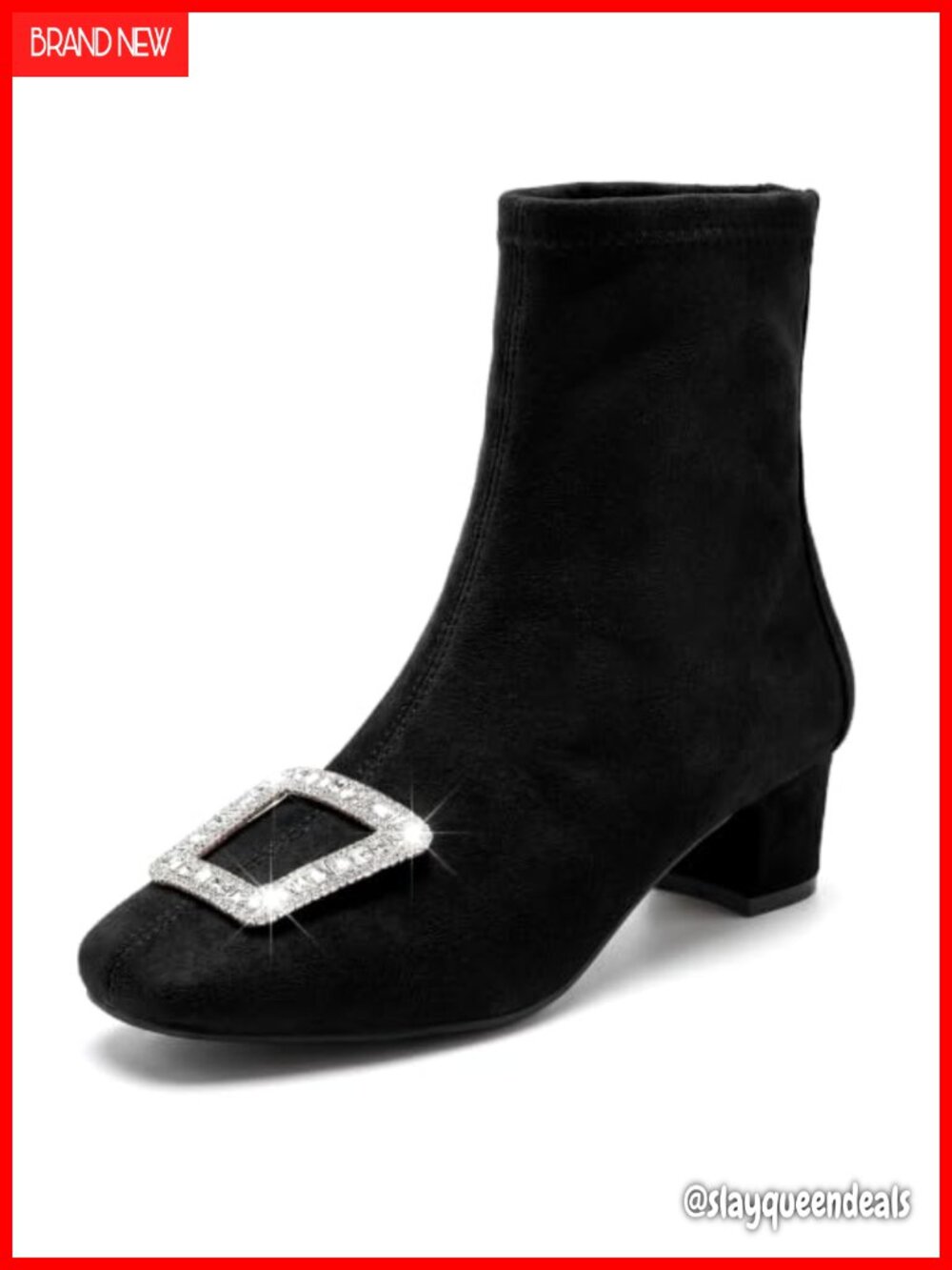 Rhinestone Square Toe Buckle Mid Block Heel Short Ankle Boots for Women